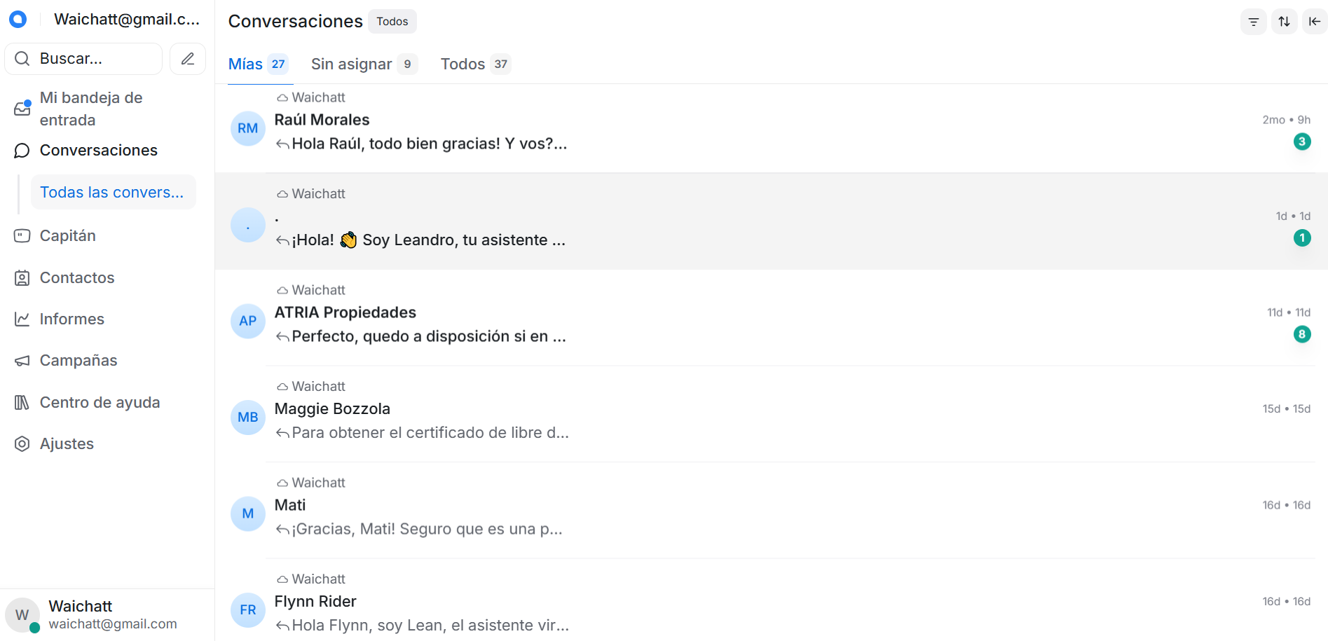 Dashboard CRM de Waichatt